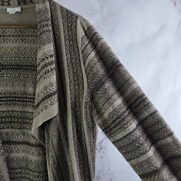 J Jill Cardigan Womens Large Brown Sweater Waterfall Geometric Striped Open Isle - Picture 12 of 12